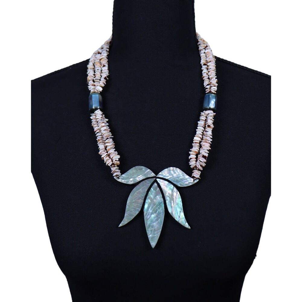 Estate Iridescent Abalone Leaf Pendant Necklace with Cream Shell Beads